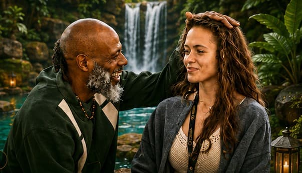 Djedi with a Breathe & Grow Rich participant at a waterfall